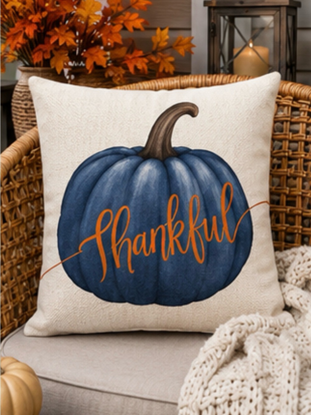Cream/off-white & navy “Thankful” pumpkin Pillow COVER fall/autumn square 18x18